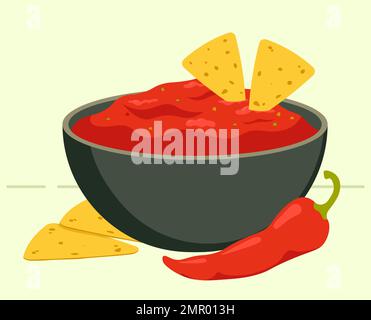 Salsa SALCA nella ciotola con peperoncino e Nachos Food Vector Illustration in stile piatto Illustrazione Vettoriale