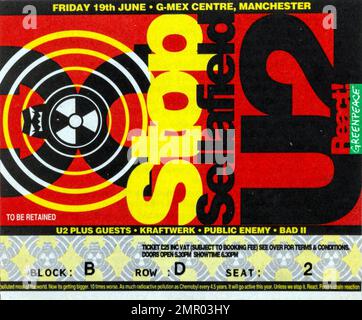 U2:00 Stop Sellafield Concert 19 Giugno 1992, Ticket stub, Musica Concert Memorabilia , Manchester, Inghilterra, Regno Unito Foto Stock