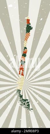 Mappa dell'epoca del Cile. Poster grunge con mappa del paese in tavolozza di colori retrò. Forma del Cile con sfondo di raggi di sole. Illustrazione vettoriale. Illustrazione Vettoriale