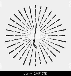 Mappa d'epoca del Cile. Il sole grunge scoppiò in tutto il paese. A forma di Cile nero con raggi solari su sfondo bianco. Illustrazione vettoriale. Illustrazione Vettoriale
