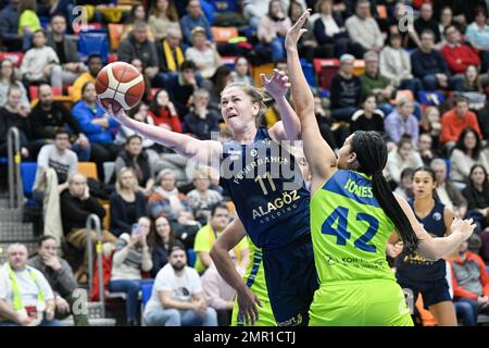 Praga, Repubblica Ceca. 31st Jan, 2023. L-R Emma Meesseman (Fenerbahce) e Brionna Jones (USK) in azione durante la partita di 12th° turno del gruppo A della European Women's Basketball League (EWBL), USK Praha vs Fenerbahce Istanbul, il 31 gennaio 2023, a Praga, Repubblica Ceca. Foto CTK/Vit Simanek) Foto Stock