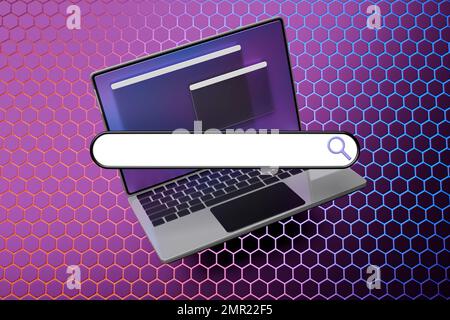 3D illustrazione colorata di un moderno computer portatile con una barra di ricerca di informazioni su sfondo a nido d'ape. Il concetto di comunicazione via Internet, Foto Stock