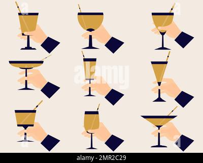 I bicchieri da vino con tenuta a mano sono icone in stile art deco. Raccolta di bevande alcoliche in diversi bicchieri con cannucce. Bicchieri di vino e champagne. S Illustrazione Vettoriale