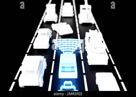 3d macchina illustrativa con distanza di sicurezza con flusso automatico. Il concetto di un'auto high-tech con un veicolo senza equipaggio. Veicolo semovente. Foto Stock