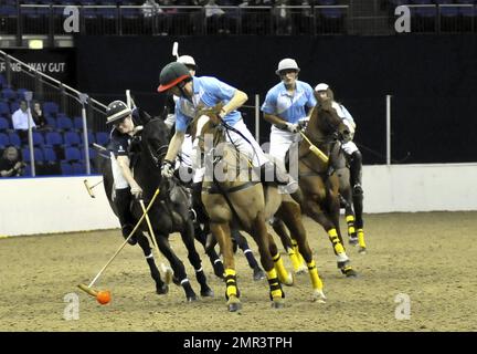 Le squadre internazionali si sfidano all'evento di polo internazionale di Gaucho presso la O2 Arena. L'evento è il primo incontro di polo al mondo al coperto e comprende Inghilterra contro Argentina, Scozia contro Sud Africa e Oxford contro Cambridge. L'evento ha anche incluso una partita di celebrità con Liz McClarnon e Charlotte Christodoulou contro Kenny Logan e Mike Bushnell. Londra, Regno Unito. 2/24/11. Foto Stock