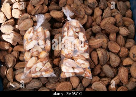 Primo piano di noci brasiliane nella loro conchiglia e due sacchetti di plastica brasiliana cruda fuori dalla loro conchiglia. Ubicazione: Mercado Ver o peso, Belem, Stato di Par Foto Stock