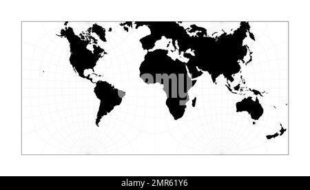 Contorno del mondo. Proiezione emisfero-in-quadrato Guyou. Pianifica la mappa geografica del mondo con le linee di graticlue. Illustrazione vettoriale. Illustrazione Vettoriale