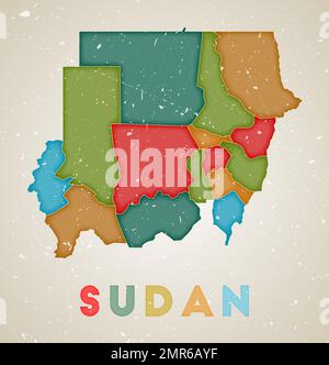 Mappa del Sudan. Poster del paese con aree colorate. Vecchio grunge texture. Illustrazione vettoriale del Sudan con il nome del paese. Illustrazione Vettoriale