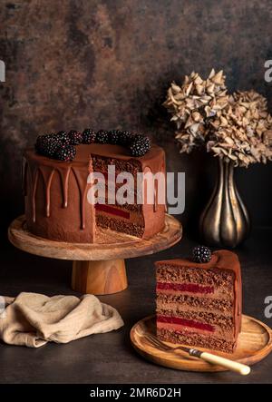 Fotografia alimentare di torta di cioccolato, more, crema, compleanno, decorazione, celebrazione, anniversario, festa Foto Stock