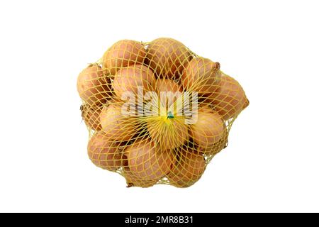 Cipolle in rete, cipolla da cucina, studio girato su sfondo bianco Foto Stock