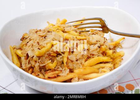 Cucina sveva, Bubaspitzle con crauti, Schupfnudeln, tagliatelle di pasta di patate, piatto, forchetta, Germania, Europa Foto Stock