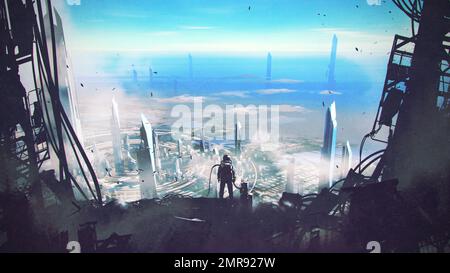 l'uomo si erge in cima a una struttura futuristica sopraelevata e guarda verso il basso sulla città sottostante, sullo stile dell'arte digitale, sulla pittura d'illustrazione Foto Stock