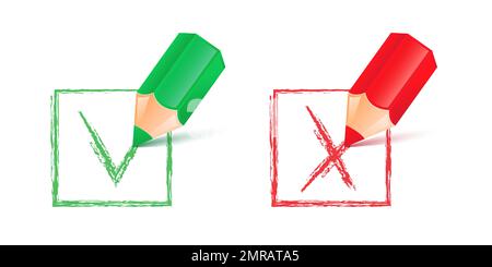 Disegno a matita segno di spunta verde e croce rossa isolati su sfondo bianco. Matite con un segno di spunta verde e croce rossa. Illustrazione Vettoriale