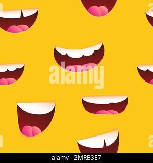 Senza cuciture modello con labbra sorridenti, bocca con lingua, bianco dentato sorriso espressione bocca. Labbra e bocca che esprimono emozioni diverse, sorriso divertente Illustrazione Vettoriale