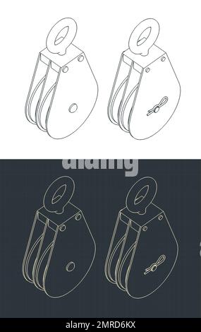 Illustrazioni vettoriali stilizzate di progetti isometrici di blocchi sospesi a doppia puleggia Illustrazione Vettoriale