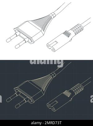 Illustrazione vettoriale stilizzata di disegni isometrici di due cavi di alimentazione a pinza Illustrazione Vettoriale