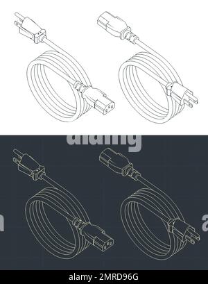 Illustrazione vettoriale stilizzata dei disegni isometrici del cavo di alimentazione standard statunitense Illustrazione Vettoriale