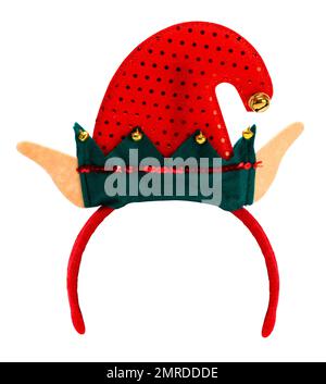 Fascia con cappello a elfo rosso e verde tagliata sul bianco. Foto Stock
