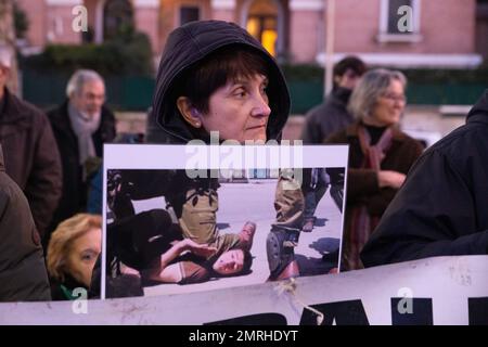 Roma, Italia. 31st Jan, 2023. Una protesta presso l'Ambasciata israeliana organizzata dalla comunità palestinese di Roma e Lazio per protestare contro l'occupazione israeliana dei territori palestinesi e contro le continue uccisioni di palestinesi da parte dell'esercito israeliano e per chiedere la libertà del popolo palestinese. (Credit Image: © Matteo Nardone/Pacific Press via ZUMA Press Wire) SOLO PER USO EDITORIALE! Non per USO commerciale! Foto Stock