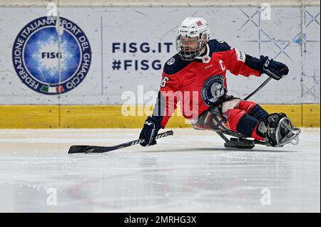 Torino, Italia, Italia. 27th Jan, 2023. Italia, Torino 27 dicembre 2023 PalaTazzoli.10th Torneo Internazionale di Hockey su ghiaccio Para di Torino 2023 .Semifinale : Italia vs Norvegia 2-3,16 Nordstoga Knut Andre (Credit Image: © Tonello Abozzi/Pacific Press via ZUMA Press Wire) SOLO PER USO EDITORIALE! Non per USO commerciale! Foto Stock