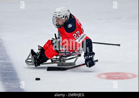 Torino, Italia, Italia. 27th Jan, 2023. Italia, Torino 27 dicembre 2023 PalaTazzoli.10th Torneo Internazionale di Hockey su ghiaccio Para di Torino 2023 .Semifinale : Italia vs Norvegia 2-3,27 Vatne Emil (Norvegia) (Credit Image: © Tonello Abozzi/Pacific Press via ZUMA Press Wire) SOLO PER USO EDITORIALE! Non per USO commerciale! Foto Stock