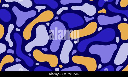 Il liquido forma uno sfondo senza cuciture. Elementi fluidi carta da parati ricorrente. Sfondo di palline organiche in giallo, viola e blu. Struttura moderna Illustrazione Vettoriale