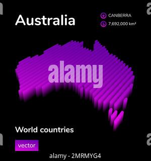 Mappa Australia 3D. La mappa isometrica al neon stilizzata a righe vettoriali dell'Australia è di colore viola e rosa su sfondo nero Illustrazione Vettoriale