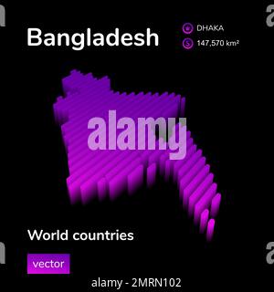 Bangladesh mappa 3D. La mappa digitale al neon a strisce isometriche stilizzate vettoriale Bangladesh è di colore viola e rosa su sfondo nero. Banner didattico, Illustrazione Vettoriale