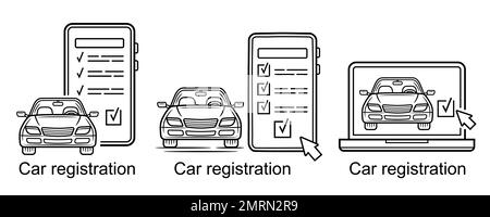 Servizio di registrazione auto online, assicurazione auto sul telefono cellulare, manutenzione linea di ispezione icona. Web Internet documento acquistare veicolo. Vettore Illustrazione Vettoriale