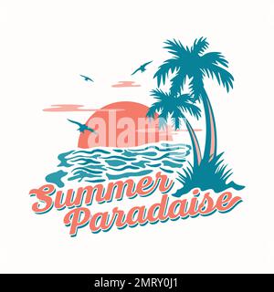 Tramonto sulla spiaggia con lettera Summer Paradise modello sfondo. Illustrazione vettoriale Illustrazione Vettoriale