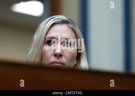 Marjorie Taylor Greene (Repubblicano della Georgia) durante una riunione del Comitato della Camera degli Stati Uniti sulla supervisione e la responsabilità a Washington, D.C., USA, martedì 31 gennaio, 2023. Foto di Julia Nikhinson/CNP/ABACAPRESS.COM Foto Stock