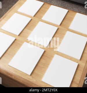 3d illustrazione di libri bianchi copertina sul tavolo nel soggiorno moderno Foto Stock