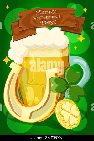Grazioso bicchiere con birra per st. giornata di patricks e ferro di cavallo dorato Illustrazione Vettoriale