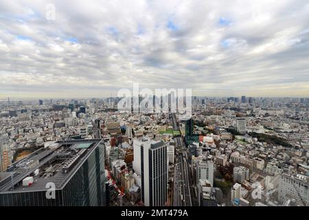 Una vista di Tokyo dalla cima dell'edificio Scramble Square a Shibuya, Tokyo, Giappone. Foto Stock