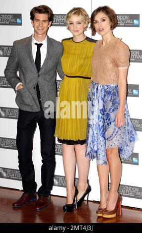 Andrew Garfield, Carey Mulligan e Keira Knightley alla fotocellula per 'Never Let Me Go' al BFI London Film Festival. Londra, Regno Unito. 10/13/10. Foto Stock