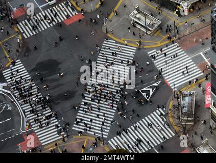 L'iconica traversata di Shibuya vista dalla cima dell'edificio di Piazza Scramble a Shibuya, Tokyo, Giappone. Foto Stock