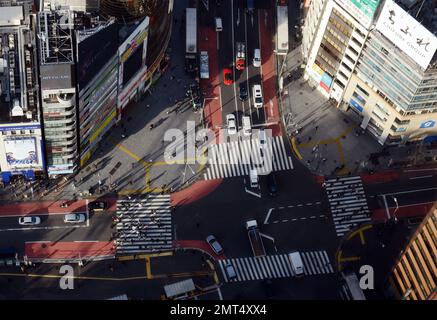 Veduta aerea dei pedoni che attraversano Shibuya, Tokyo, Giappone. Foto Stock