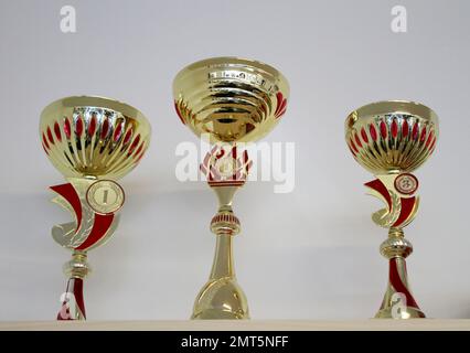 Coppe sportive per il primo e il terzo posto per i vincitori Foto Stock