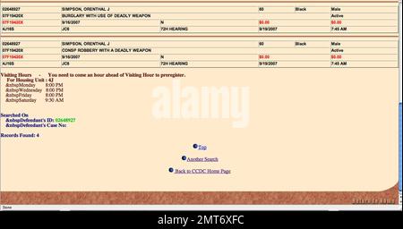 O.J. Informazioni sulla prenotazione di Simpson in seguito al suo arresto per la presunta rapina armata di un commerciante di memorabilia in una camera d'albergo di Las Vegas. Fu accusato di due conti di rapina con un'arma mortale, di due conti di assalto con un'arma mortale, di cospirazione per commettere un crimine e di furto con un'arma da fuoco. Attualmente è detenuto presso il Clark County Detention Center. Las Vegas, Nevada. 9/17/07. Foto Stock
