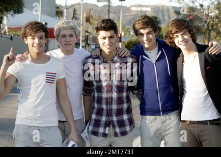 ESCLUSIVO!! (l-r) Louis Tomlinson, Niall Horan, Zayn Malik, Liam Payne e Harry Styles della band britannica 'One Direction' mettono in posa il cartello di Hollywood sullo sfondo di uno studio televisivo di Hollywood. La band dei ragazzi è stata ricevuta ieri da un esercito di tifosi all'aeroporto LAX quando sono arrivati in volo da Londra. Nonostante sia famosa solo per un anno, la band sta cercando di penetrare nel mercato americano. 'One Direction' è ambientato con la band americana 'Big Time Rush' e ha organizzato un'apparizione cameo nello spettacolo 'iCarly' di Nickelodeon, con Miranda Crossgrove. Lo Foto Stock