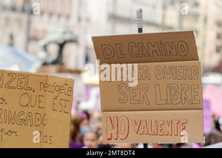 Madrid,Spagna; 03082022: Giovani femministi con cartelloni sulla folla di una manifestazione internazionale della Giornata delle Donne nelle strade di Madrid Foto Stock