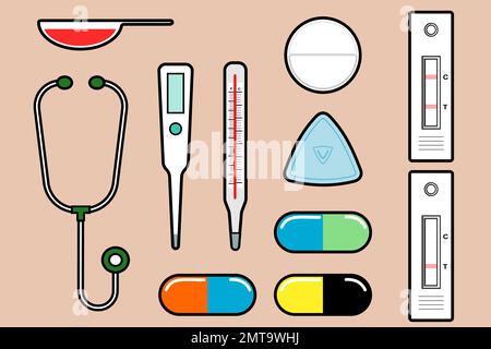 grafica vettoriale icona piatta clipart materiale medico -covid19, kit per test antigeni, termometro, termometro digitale, stetoscopio, medicina, pillole, capsula col Illustrazione Vettoriale