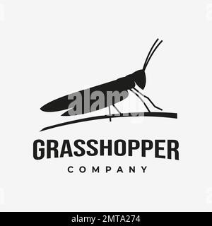 Logo Grasshopper Silhouette con erba Cattail Reed, etichetta vintage vettoriale su sfondo bianco Illustrazione Vettoriale