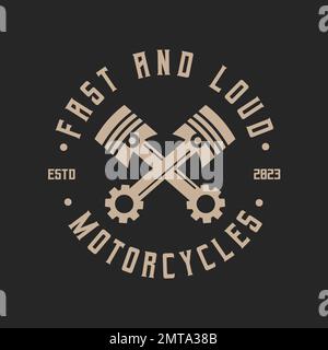 Etichetta di servizio riparazione motociclette vintage con iscrizione e illustrazione vettoriale isolata dei pistoni del motore incrociati Illustrazione Vettoriale