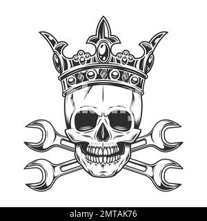 Cranio vintage in corona reale con carrozzeria officina di servizio auto e camion meccanico riparazione utensile chiave incrociata o costruzione per gas e builder idraulico Illustrazione Vettoriale