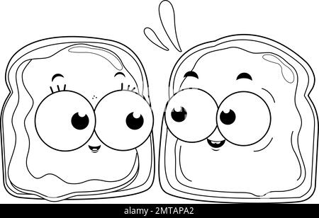 Cartoni animati di pane con burro di arachidi e gelatina. Pagina vettoriale da colorare in bianco e nero Illustrazione Vettoriale
