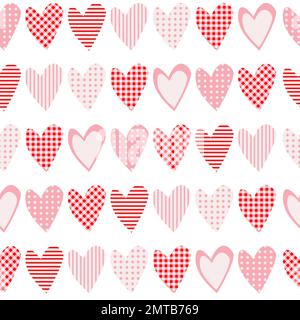 Sfondo d'amore senza cuciture con cuori rosa. Cuori di San Valentino con motivi a righe, tovaglia e puntini. Illustrazione Vettoriale