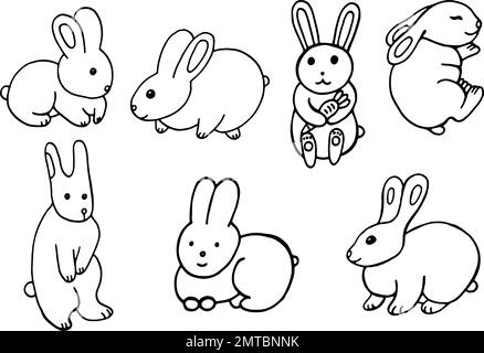 Conigli bianchi - collezione di elementi simbolo di 2023 anni. Nuovo anno zodiacale. Doodle animali cartoonish. Disegno Illustrazione Vettoriale