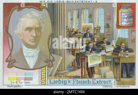 Bilderserie Wie ein Liebig Bild entsteht, in der Lithographie, ristorante digitale Reproduktion eines Sammelbildes von ca 1900, gemeinfrei, genaues Datum unbekannt / Foto Stock