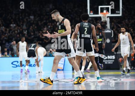 Belgrado, Serbia, 31 gennaio 2023. Ioannis Papapetrou di Partizan Mozzart Bet Belgrado reagisce durante la partita dell'Eurolega della Turkish Airlines del 2022/2023 tra Partizan Mozzart Bet Belgrado e LDLC Asvel Villeurbanne - 2022/2023 Turkish Airlines Eurolega alla Stark Arena di Belgrado, Serbia. Gennaio 31, 2023. Credito: Nikola Krstic/Alamy Foto Stock